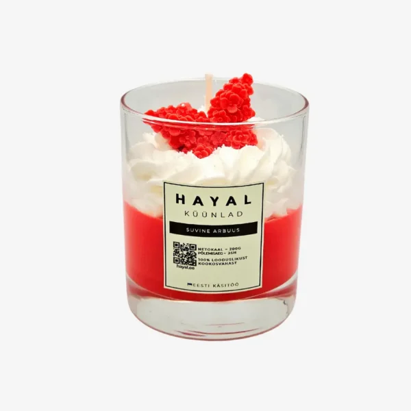 Tekstuurküünal Suvine Arbuus – vahuküünal klaasis dekoratiivse detailiga